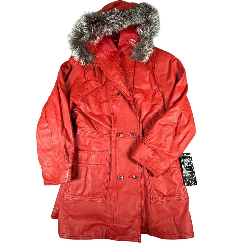 Vintage Red Leather Silver Fox Fur Hooded Coat Jacket  XL Double Breasted Luxury